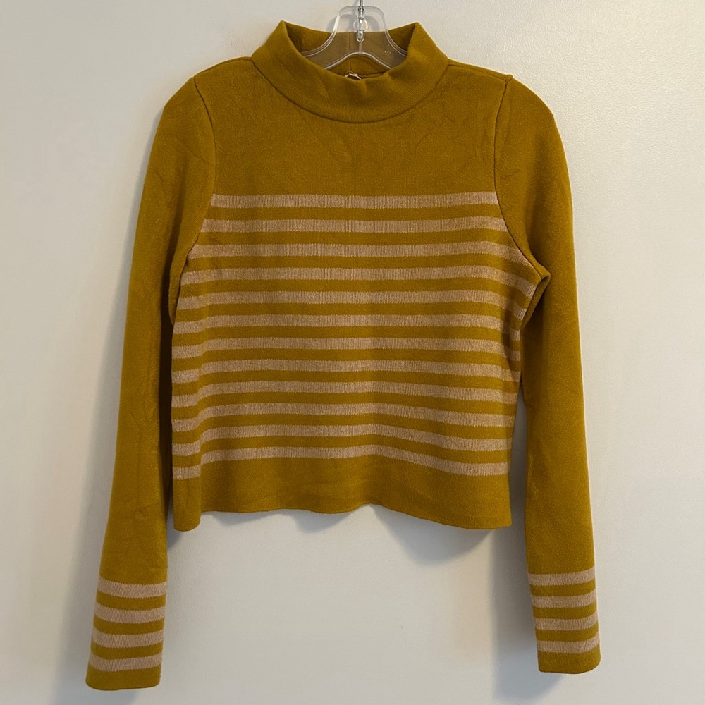 Moth Anthropologie Mock Neck Sweater Yellow Striped Knit Size Small Soft Cozy - Picture 2 of 11